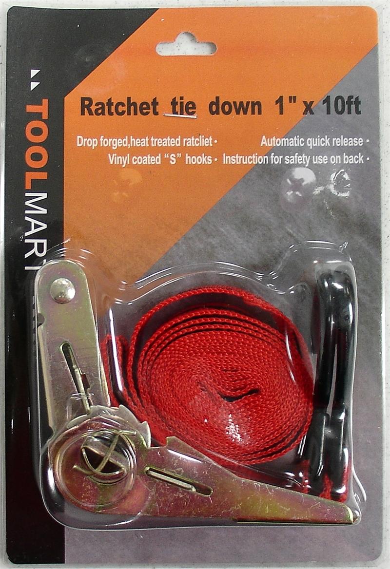 10' x 1 Ratcheting TIE Down with Hooks -CASE PACK ONLY--