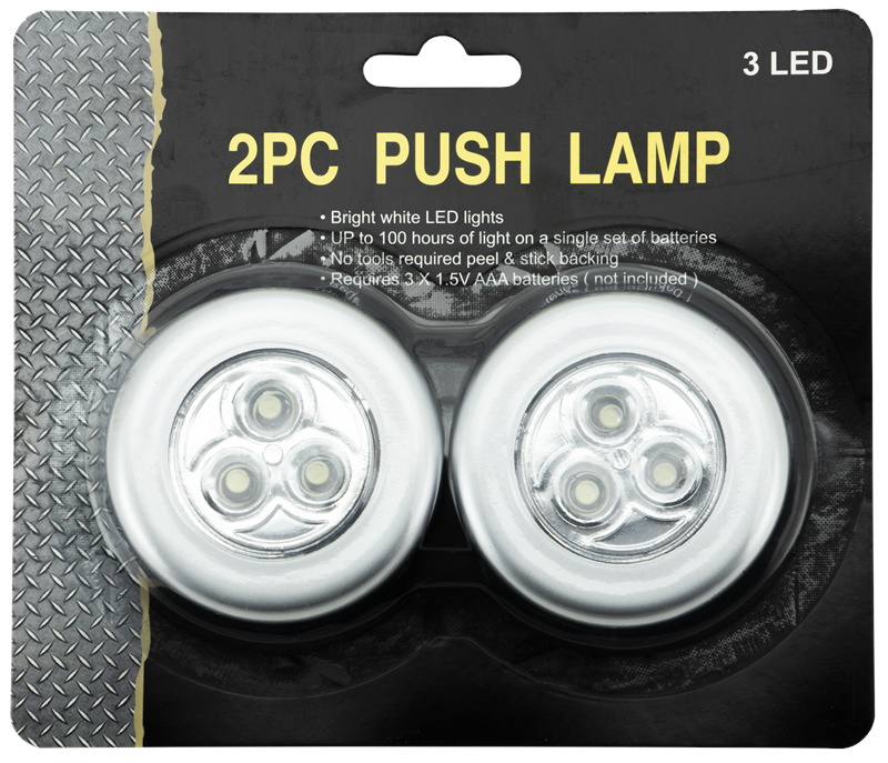 ''TAP LIGHT 2PC 3-LED, USES 3-AAA BATTERIES EACH''